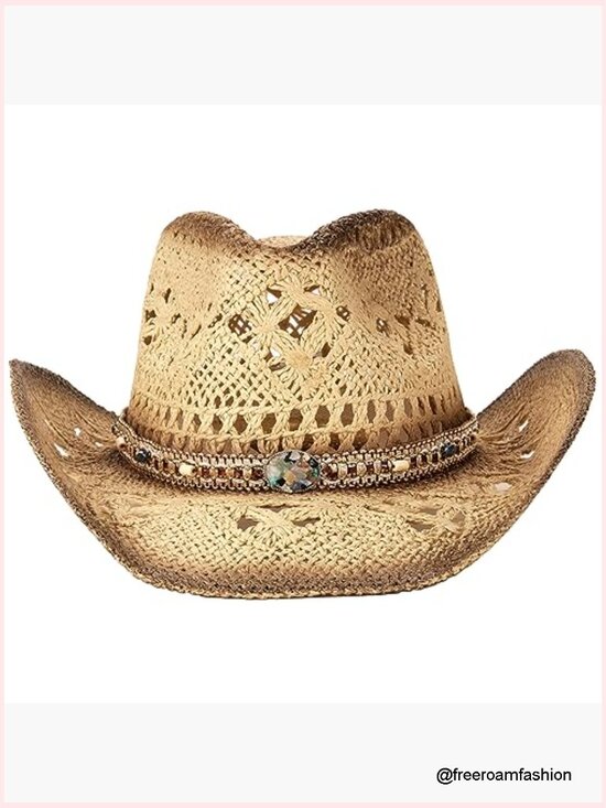 Straw Cowboy Hat with Two Removable Bands Western Cowgirl Sun Hat main image 4